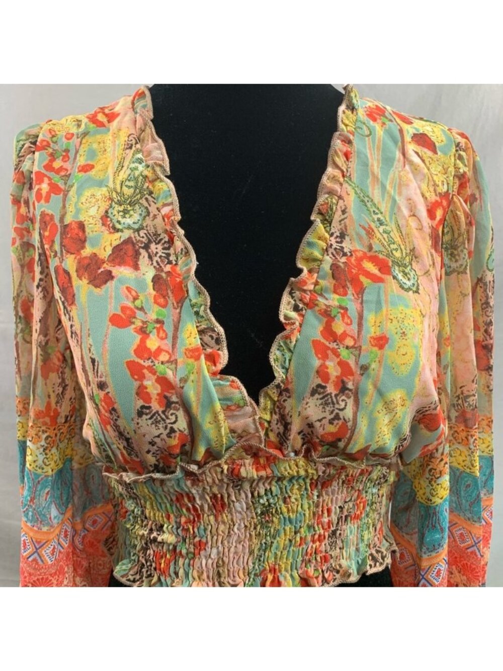Lantern Sleeve Frilled Shirred Panel Floral & Paisley Print Top - Picture 8 of 10